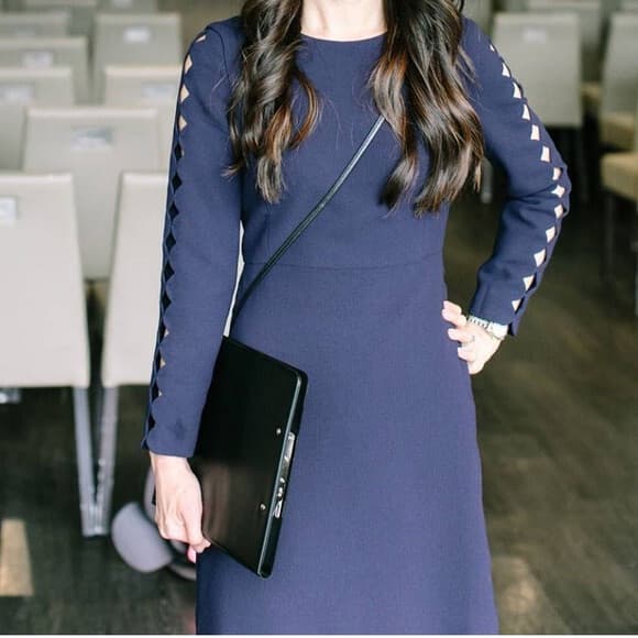 NWT Club Monaco $199 Endi Scalloped Sheath Dress Long Sleeve Navy Blue Sz.12 - Thumbnail 7
