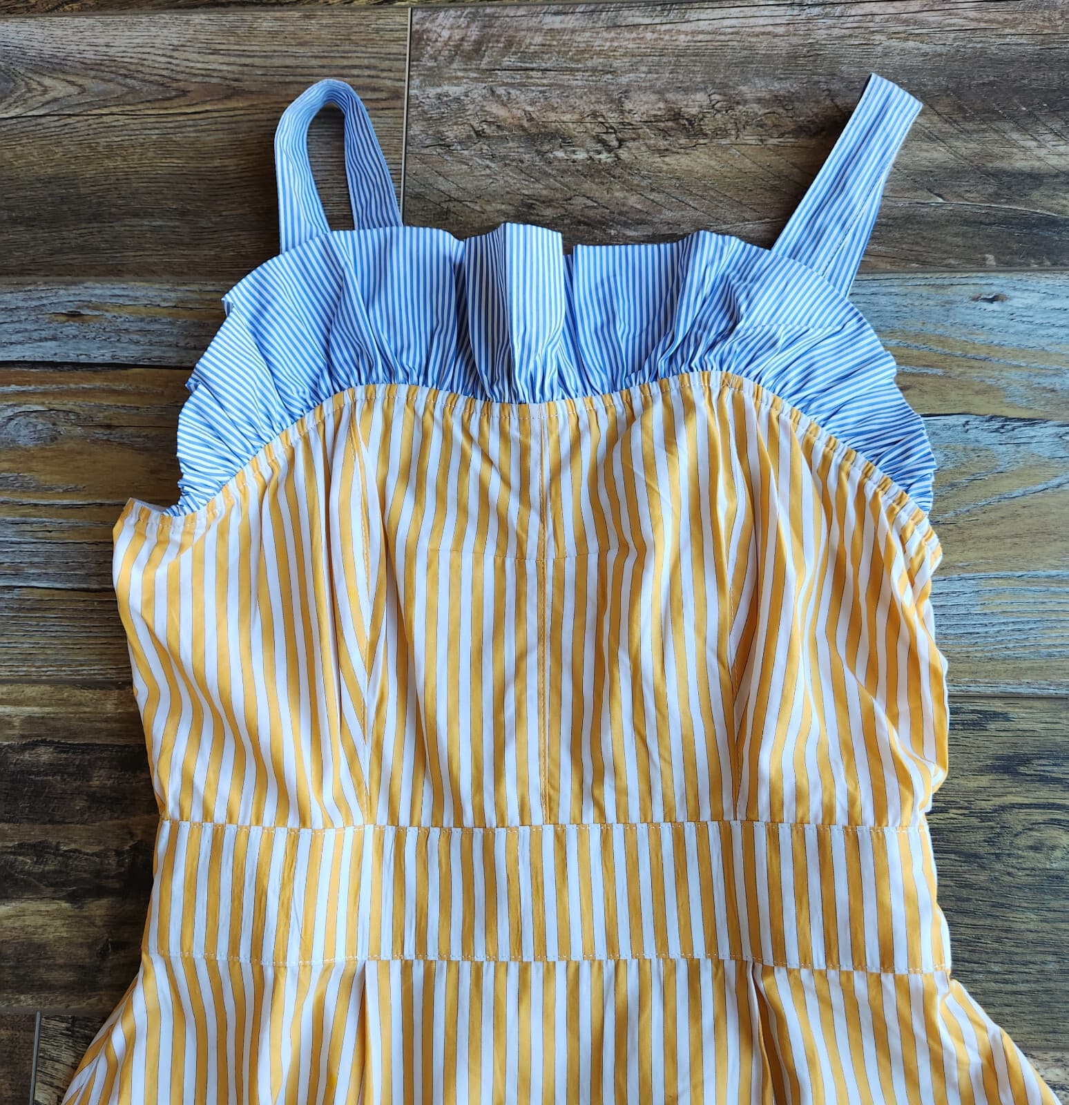 BURU Tiered Fit-Flare Ruffle Sleeveless Midi Dress Pocket Striped Yellow Blue XS - Thumbnail 11