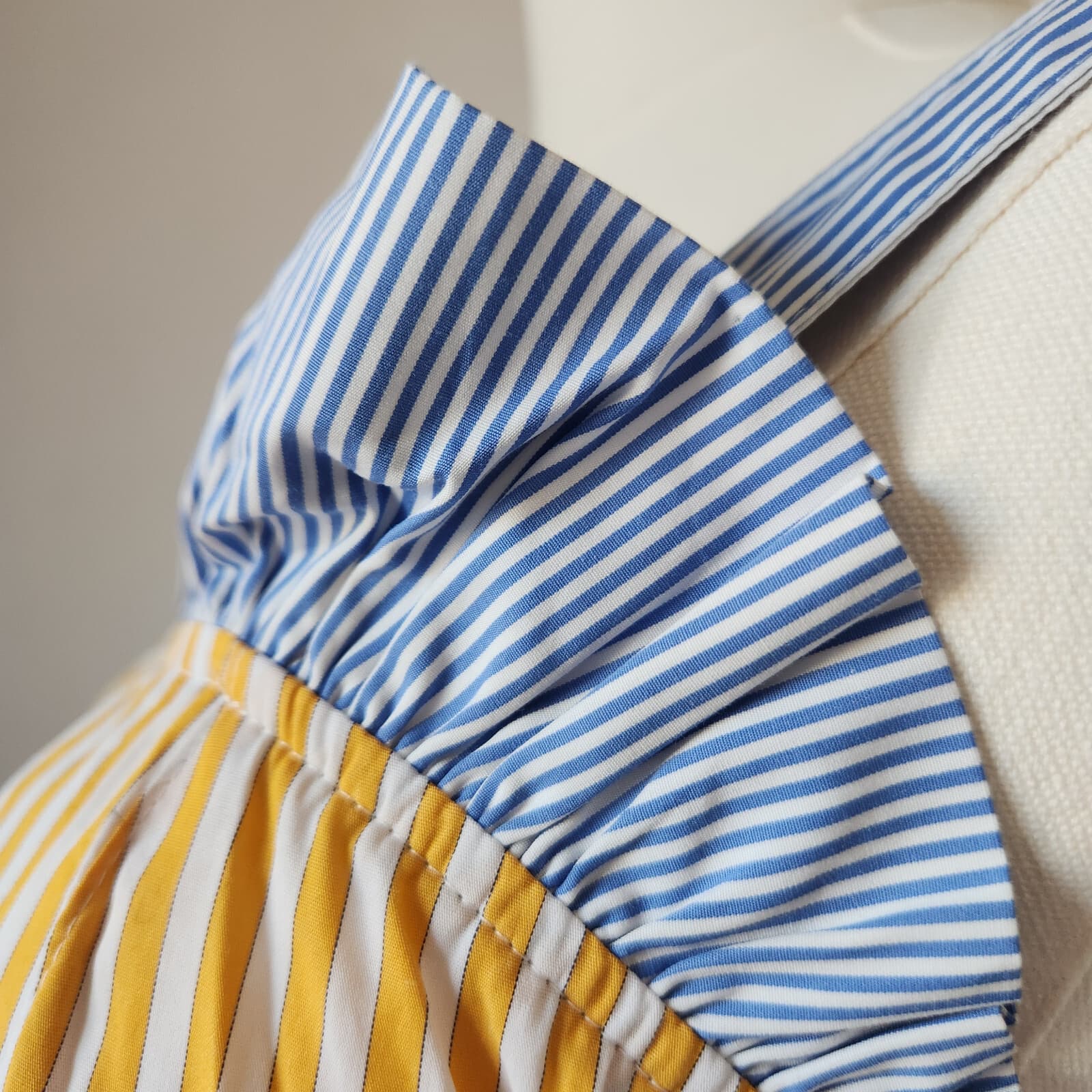 BURU Tiered Fit-Flare Ruffle Sleeveless Midi Dress Pocket Striped Yellow Blue XS - Thumbnail 6