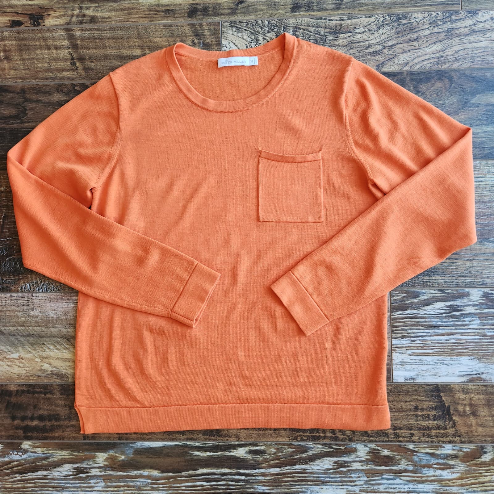 Peter Millar Silk Cotton Blend Crew Neck Sweater Pullover Pocket Orange Men's M