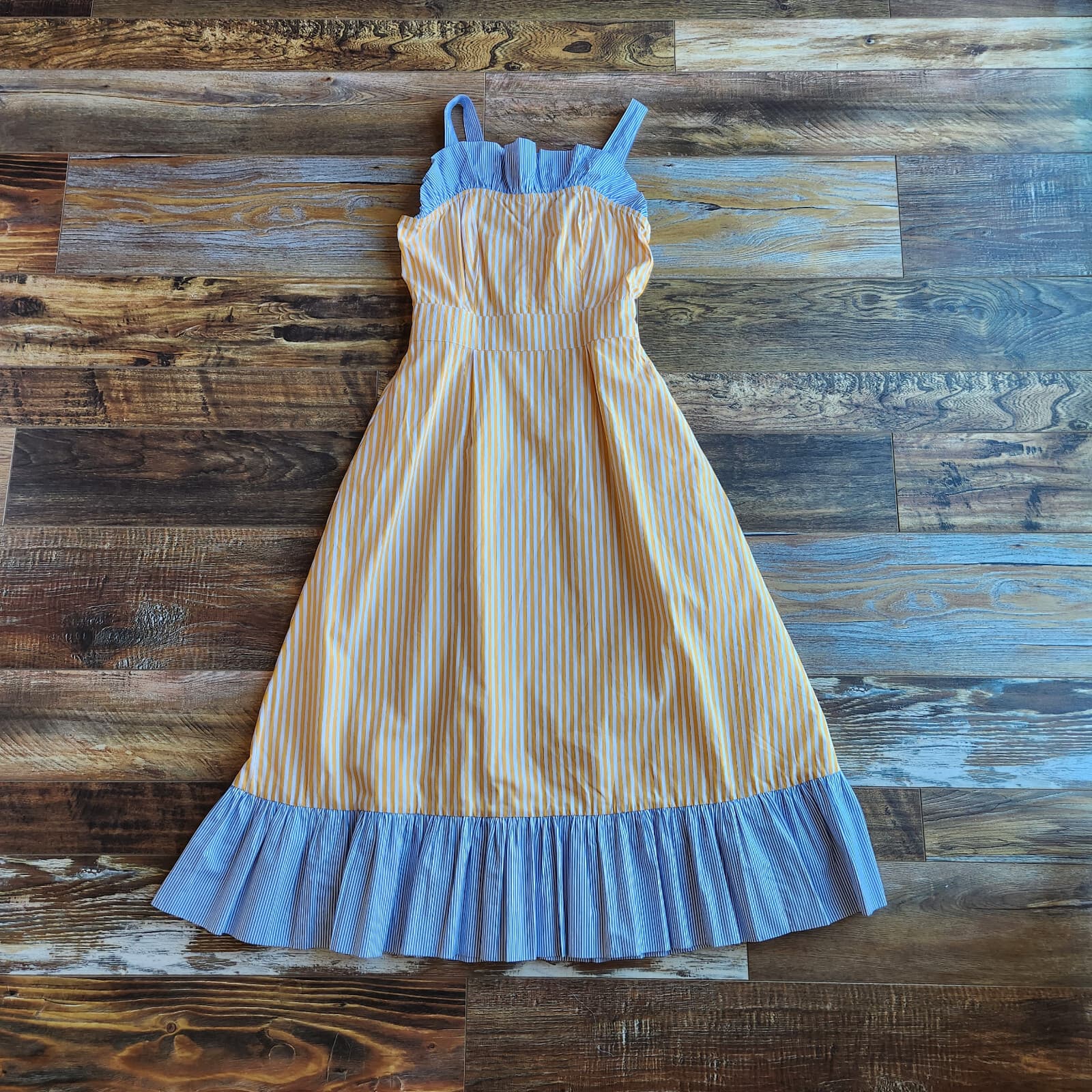 BURU Tiered Fit-Flare Ruffle Sleeveless Midi Dress Pocket Striped Yellow Blue XS - Thumbnail 8