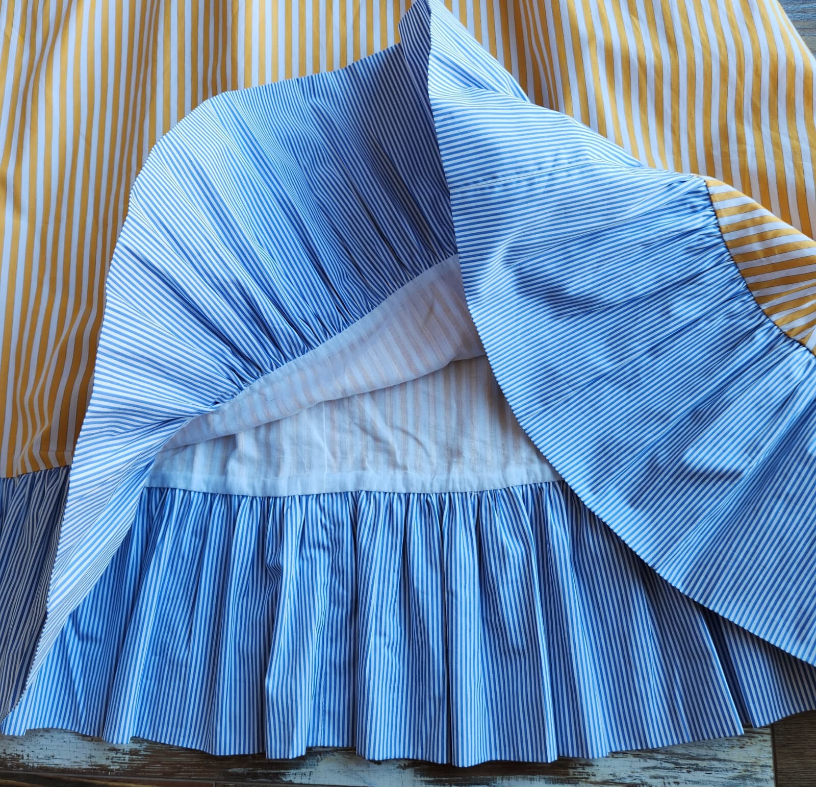 BURU Tiered Fit-Flare Ruffle Sleeveless Midi Dress Pocket Striped Yellow Blue XS - Thumbnail 9