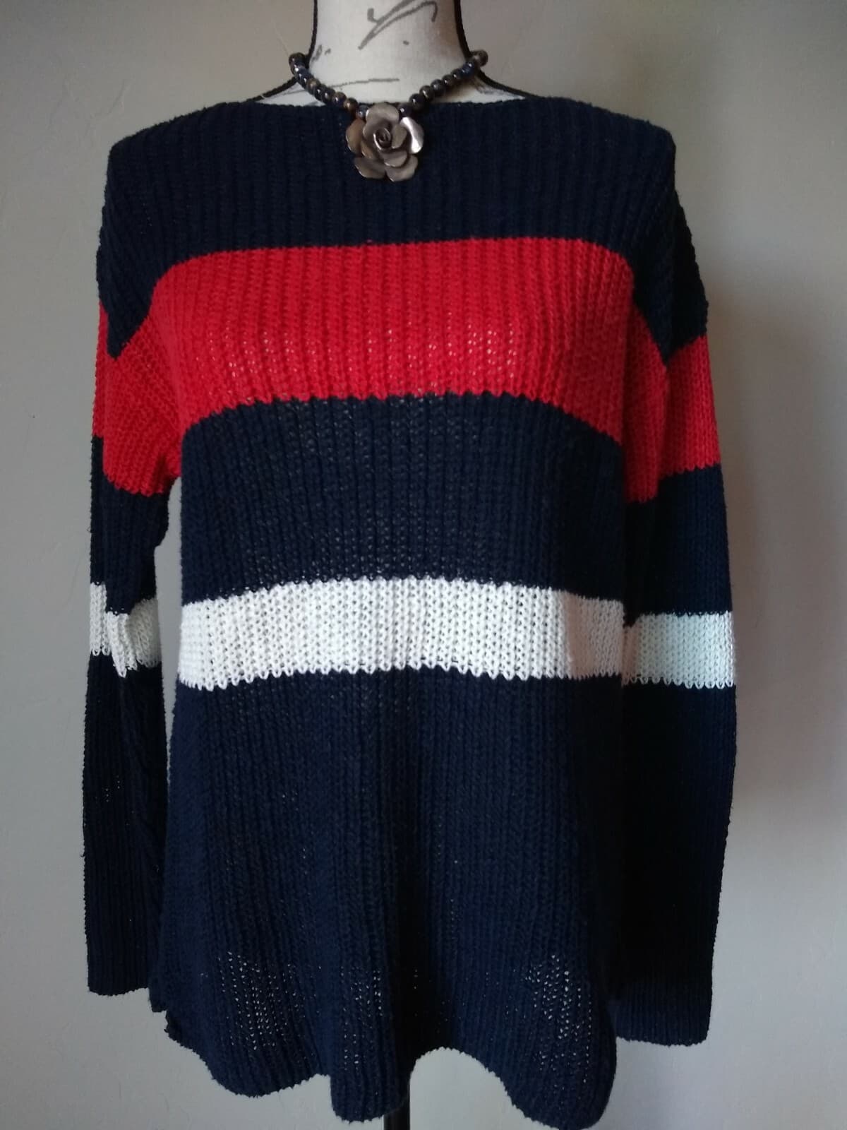 LAUREN RALPH LAUREN Jeans Co. Linen Cotton Blend Sweater Pullover Strip Sz.L - Thumbnail 2
