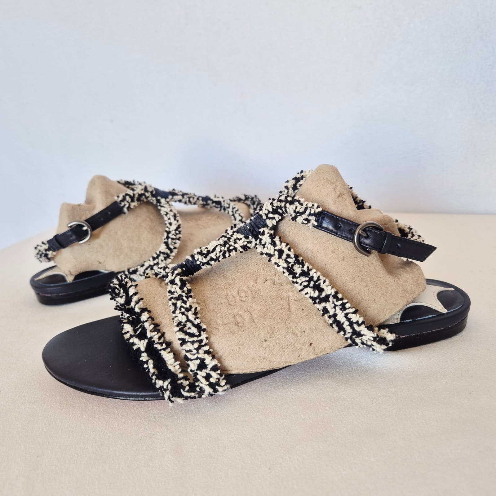 NWoB Leon Max Fringe Tweed T-Strap Gladiator Sandals Buckle Ankle-Strap US5.5M - Thumbnail 4