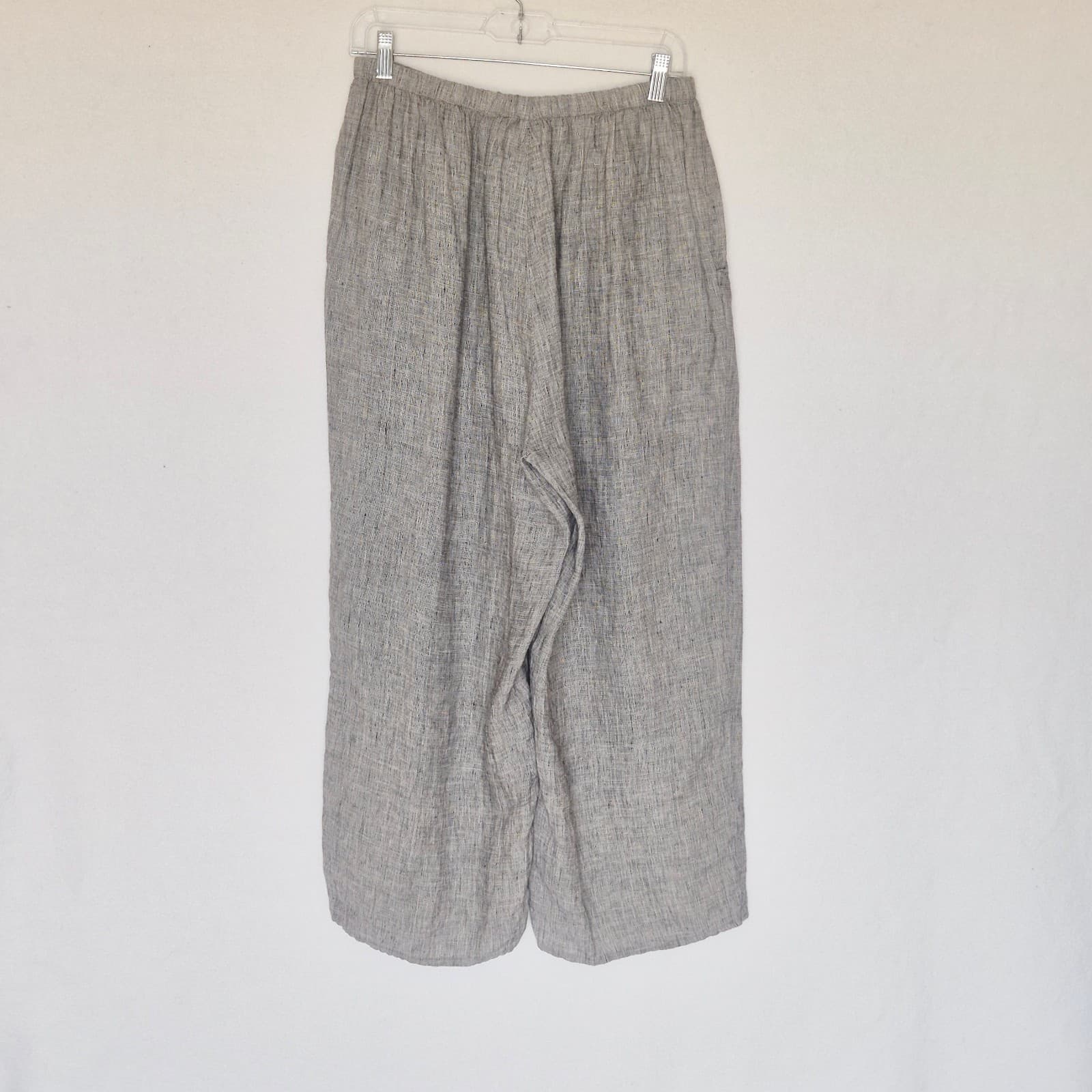 FLAX Linen Lagenlook Wide Leg Cropped Pants Elastic Waist Pocket Grey Women's M - Thumbnail 2