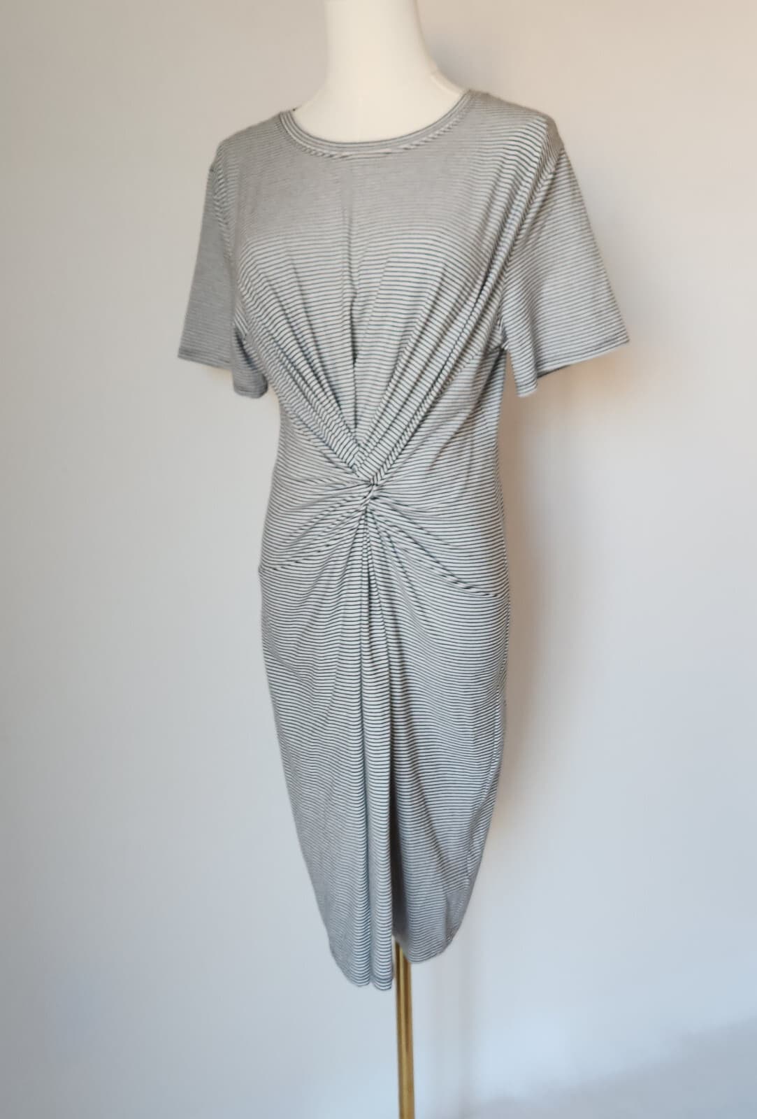 NWT Theory $225 Knot Tee-Shirt Dress Short Sleeve Black White Rubric Stripe Sz.L - Thumbnail 3