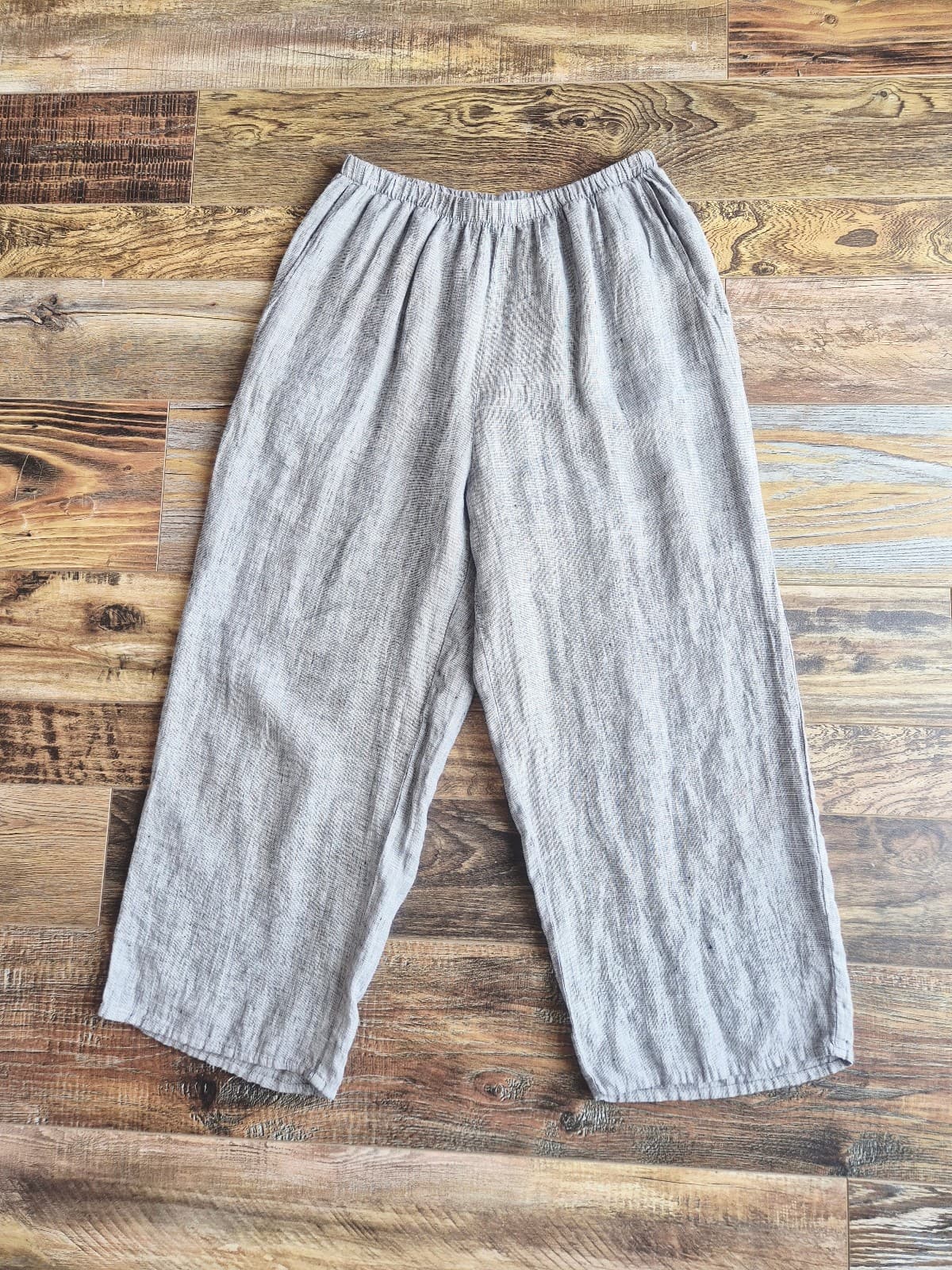 FLAX Linen Lagenlook Wide Leg Cropped Pants Elastic Waist Pocket Grey Women's M - Thumbnail 3