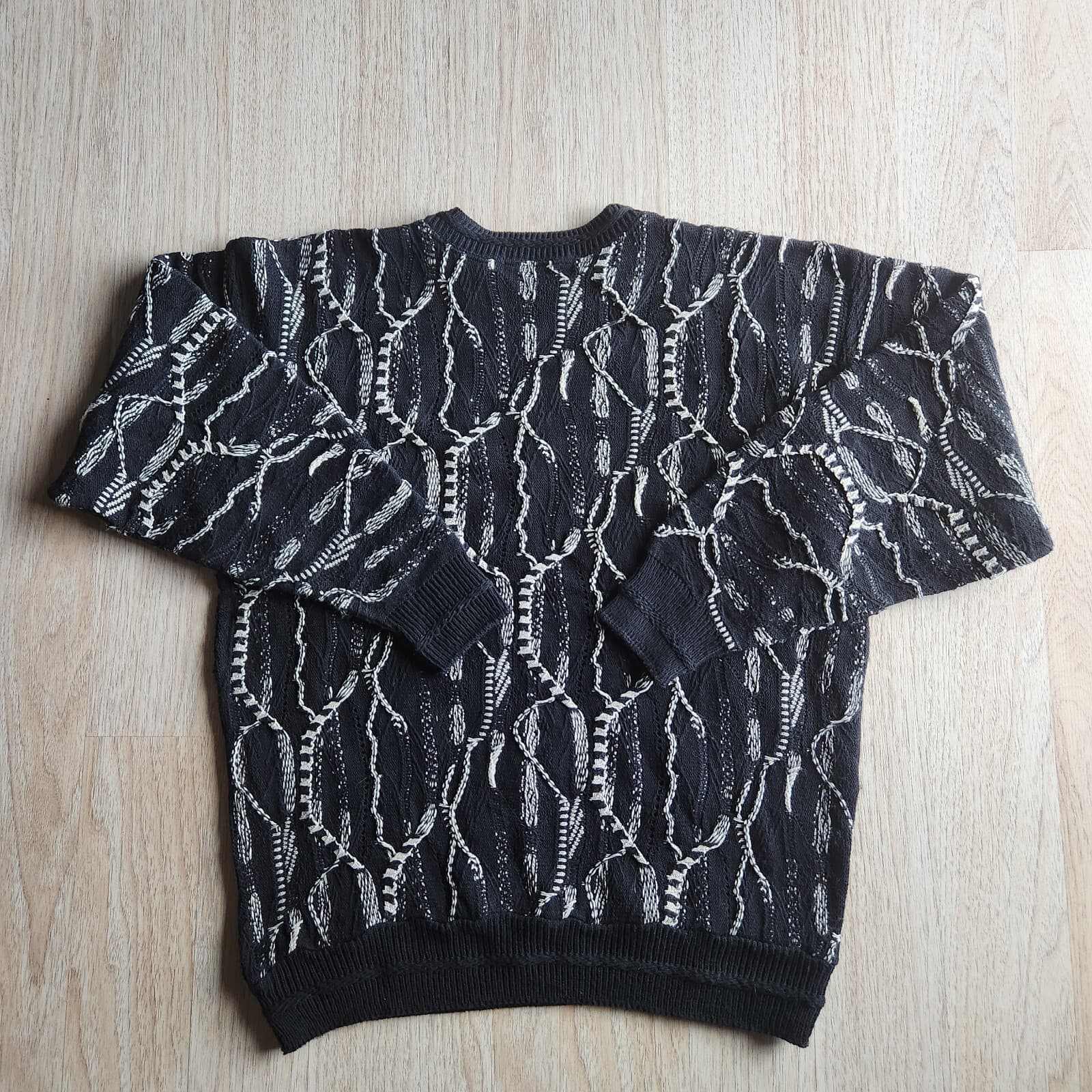 Vintage Alan Stuart USA 3D Cosby Coogi-Style Sweater Crew Neck Black White Men L - Thumbnail 4