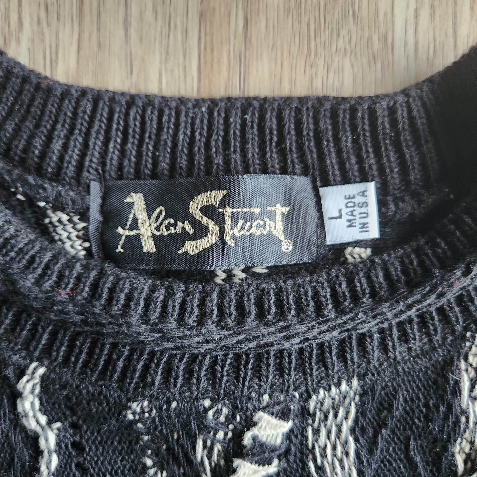 Vintage Alan Stuart USA 3D Cosby Coogi-Style Sweater Crew Neck Black White Men L - Thumbnail 5