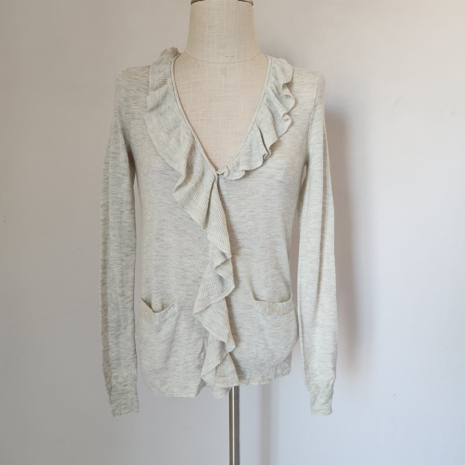 NWT Rebecca Taylor $250 Wool Blend Ruffle V-Neck Cardigan Pocket Grey Women's S - Thumbnail 3