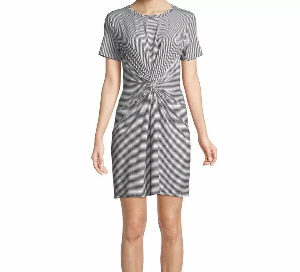 NWT Theory $225 Knot Tee-Shirt Dress Short Sleeve Black White Rubric Stripe Sz.L - Thumbnail 2