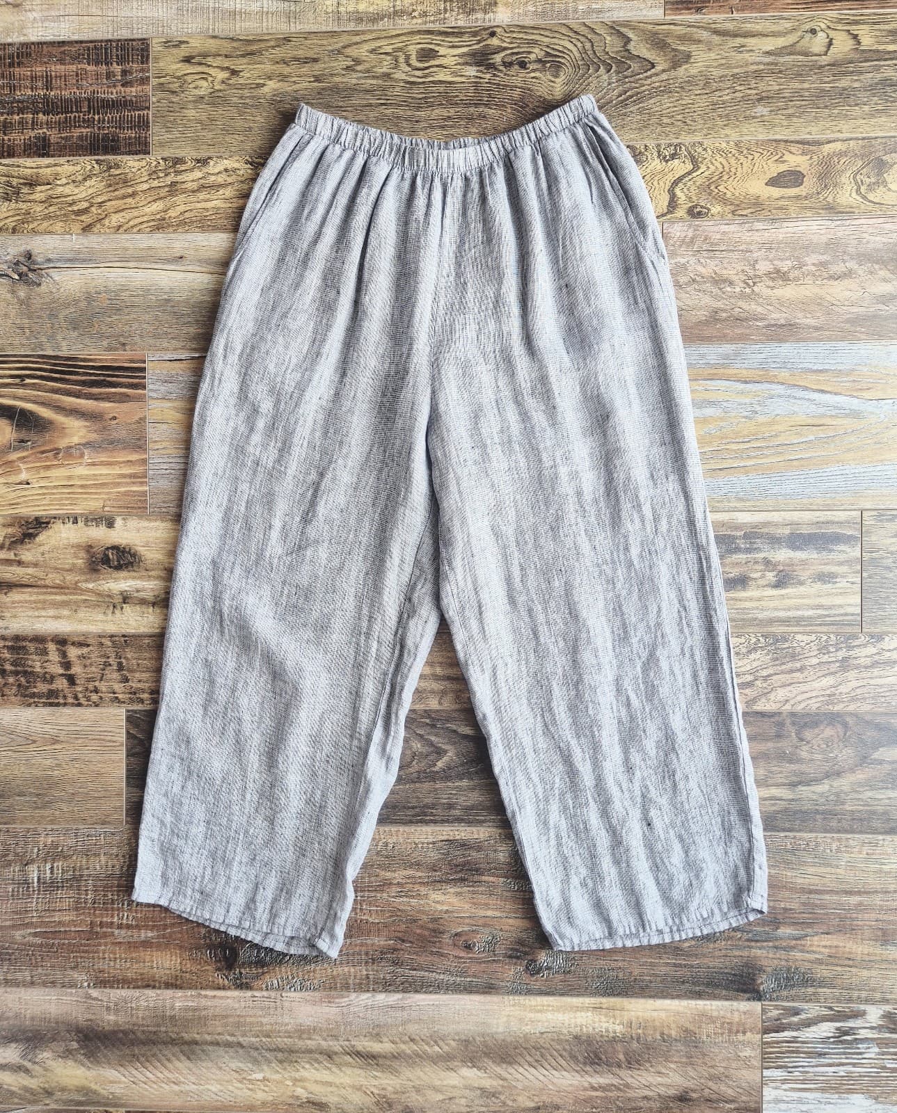 FLAX Linen Lagenlook Wide Leg Cropped Pants Elastic Waist Pocket Grey Women's M - Thumbnail 4