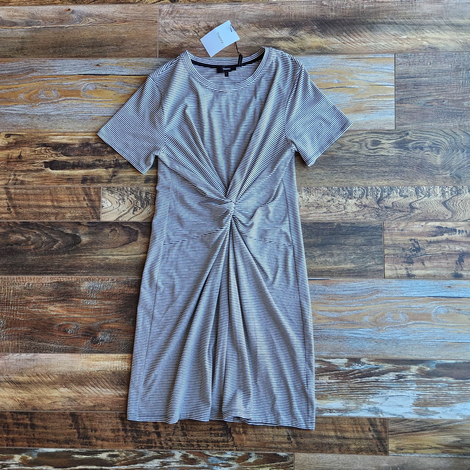 NWT Theory $225 Knot Tee-Shirt Dress Short Sleeve Black White Rubric Stripe Sz.L - Thumbnail 8