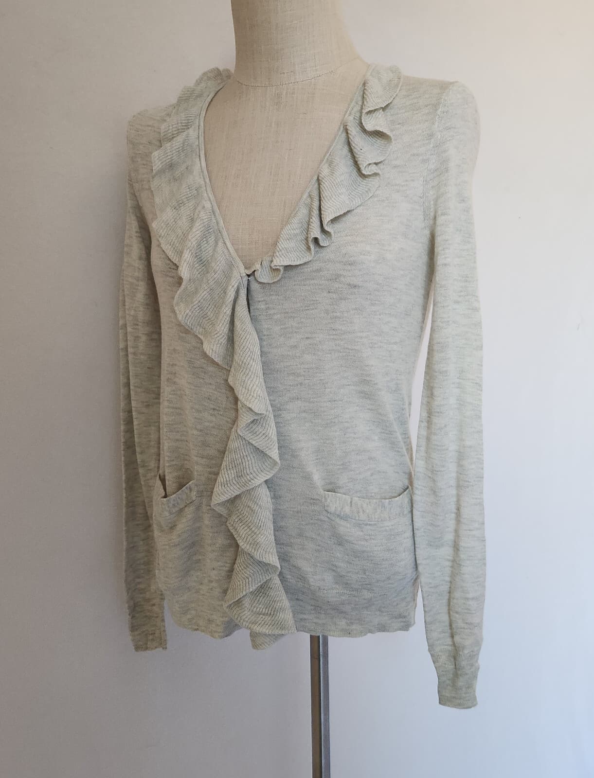 NWT Rebecca Taylor $250 Wool Blend Ruffle V-Neck Cardigan Pocket Grey Women's S - Thumbnail 4