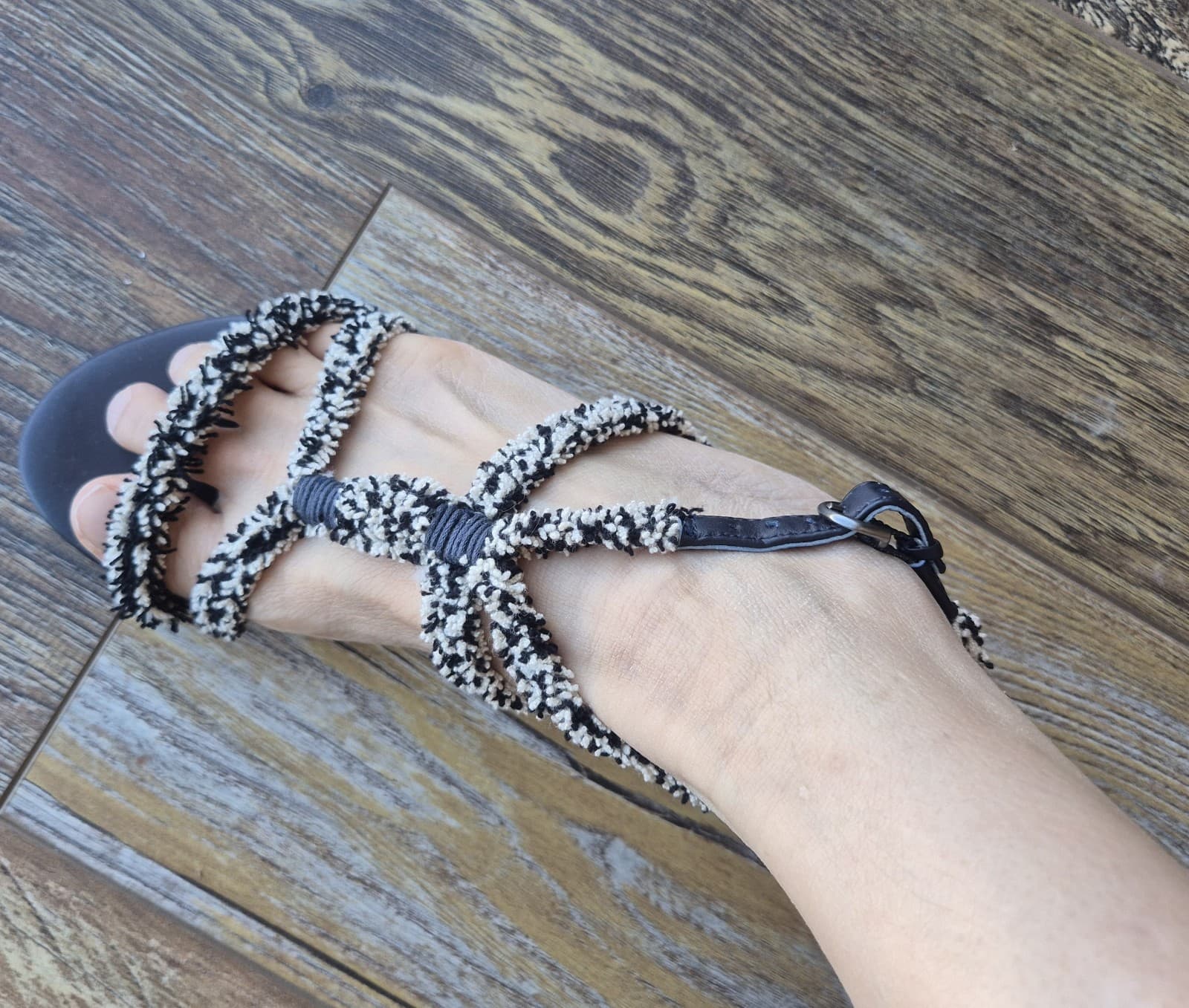 NWoB Leon Max Fringe Tweed T-Strap Gladiator Sandals Buckle Ankle-Strap US5.5M - Thumbnail 7