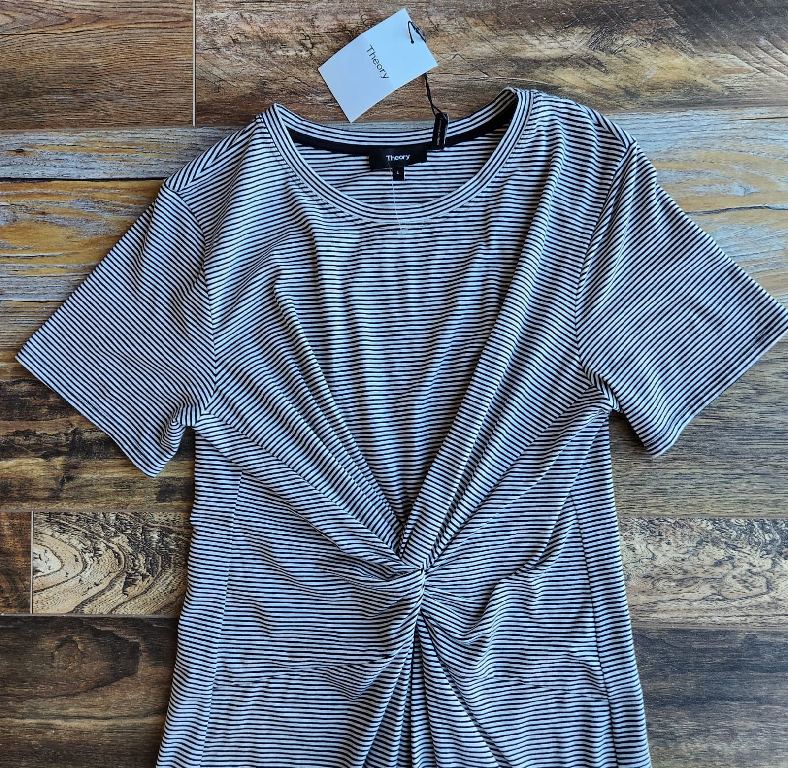 NWT Theory $225 Knot Tee-Shirt Dress Short Sleeve Black White Rubric Stripe Sz.L - Thumbnail 9