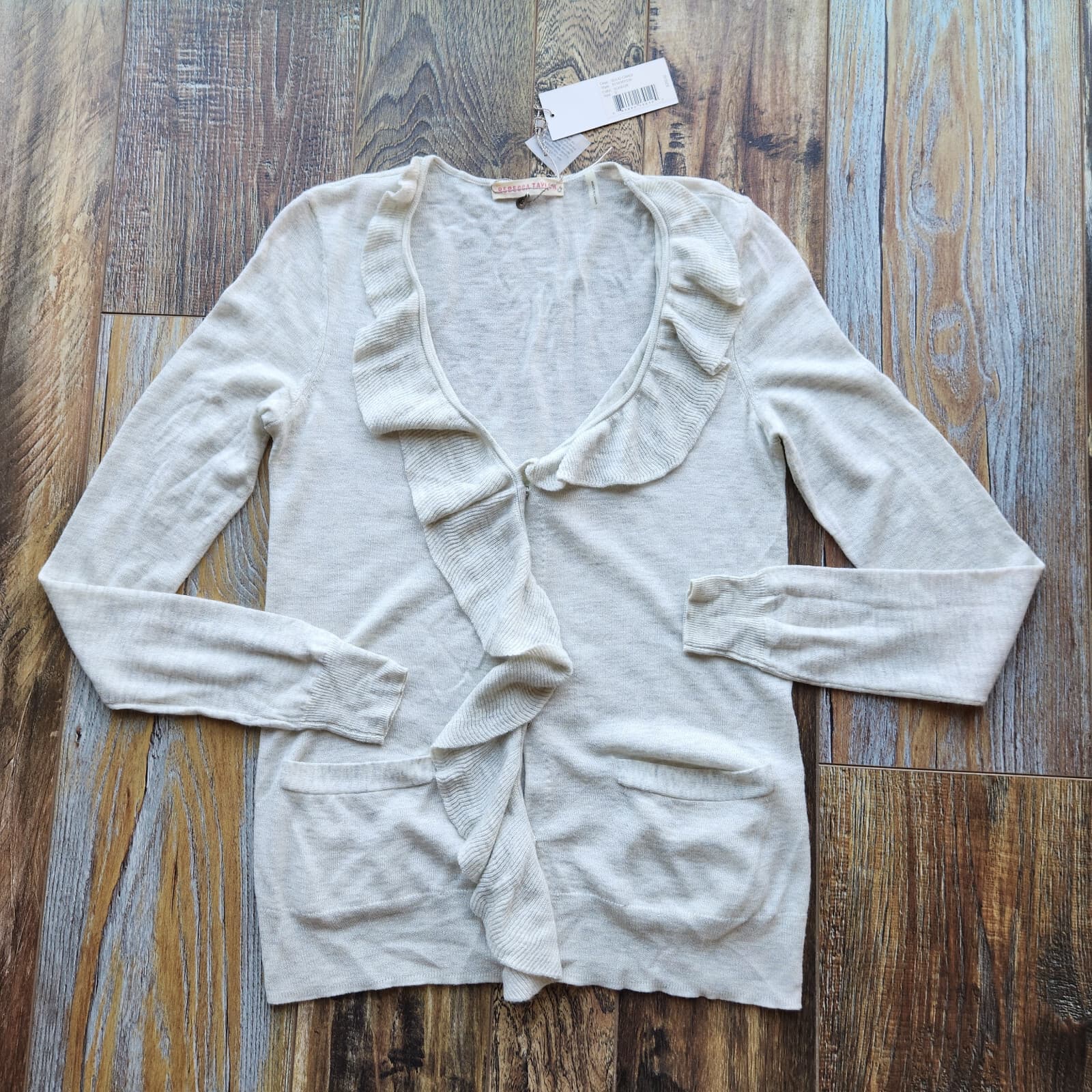 NWT Rebecca Taylor $250 Wool Blend Ruffle V-Neck Cardigan Pocket Grey Women's S - Thumbnail 2