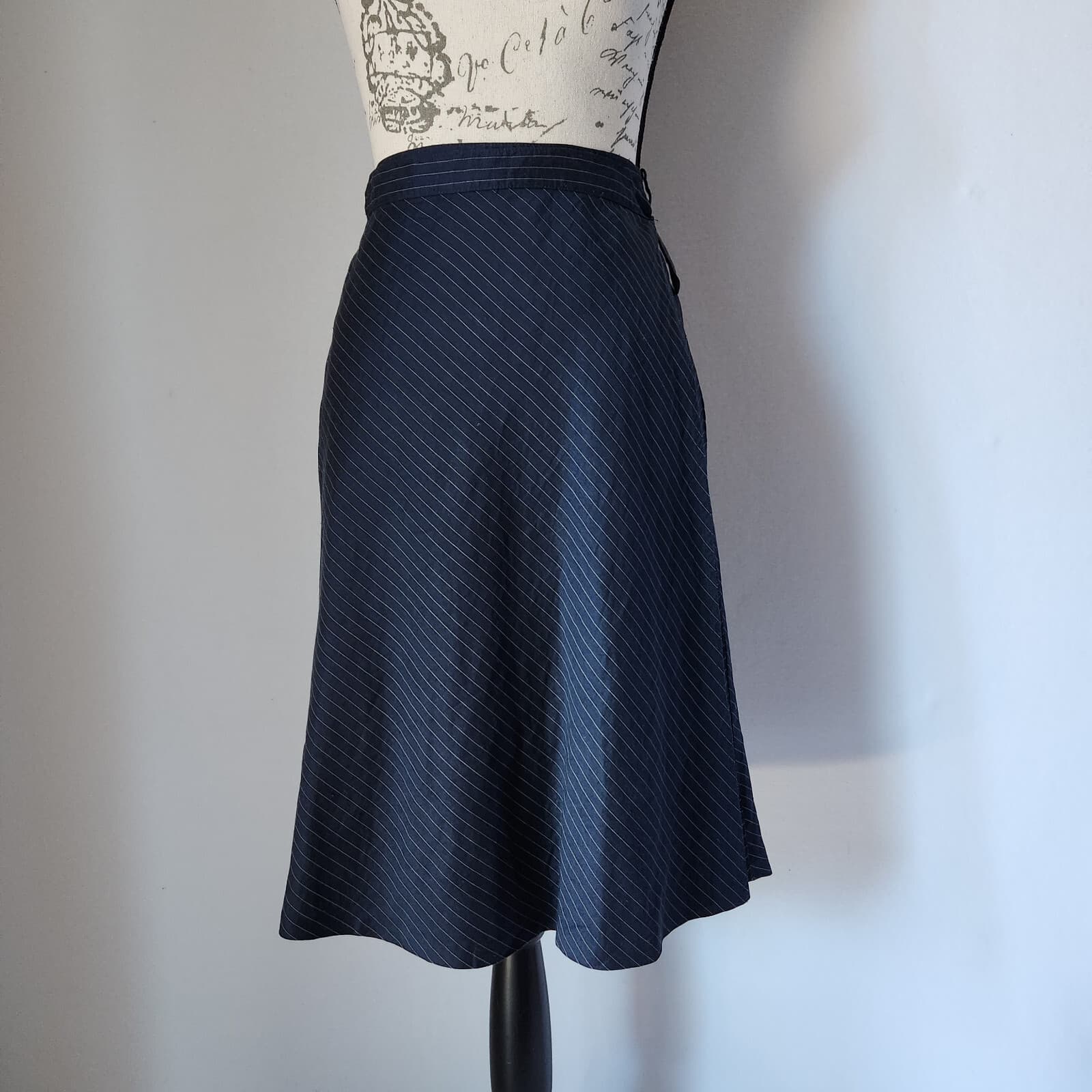 Lafayette 148 NY Linen Blend Women Sz.4 Wrap Skirt Pin Strip Blue White - Thumbnail 2