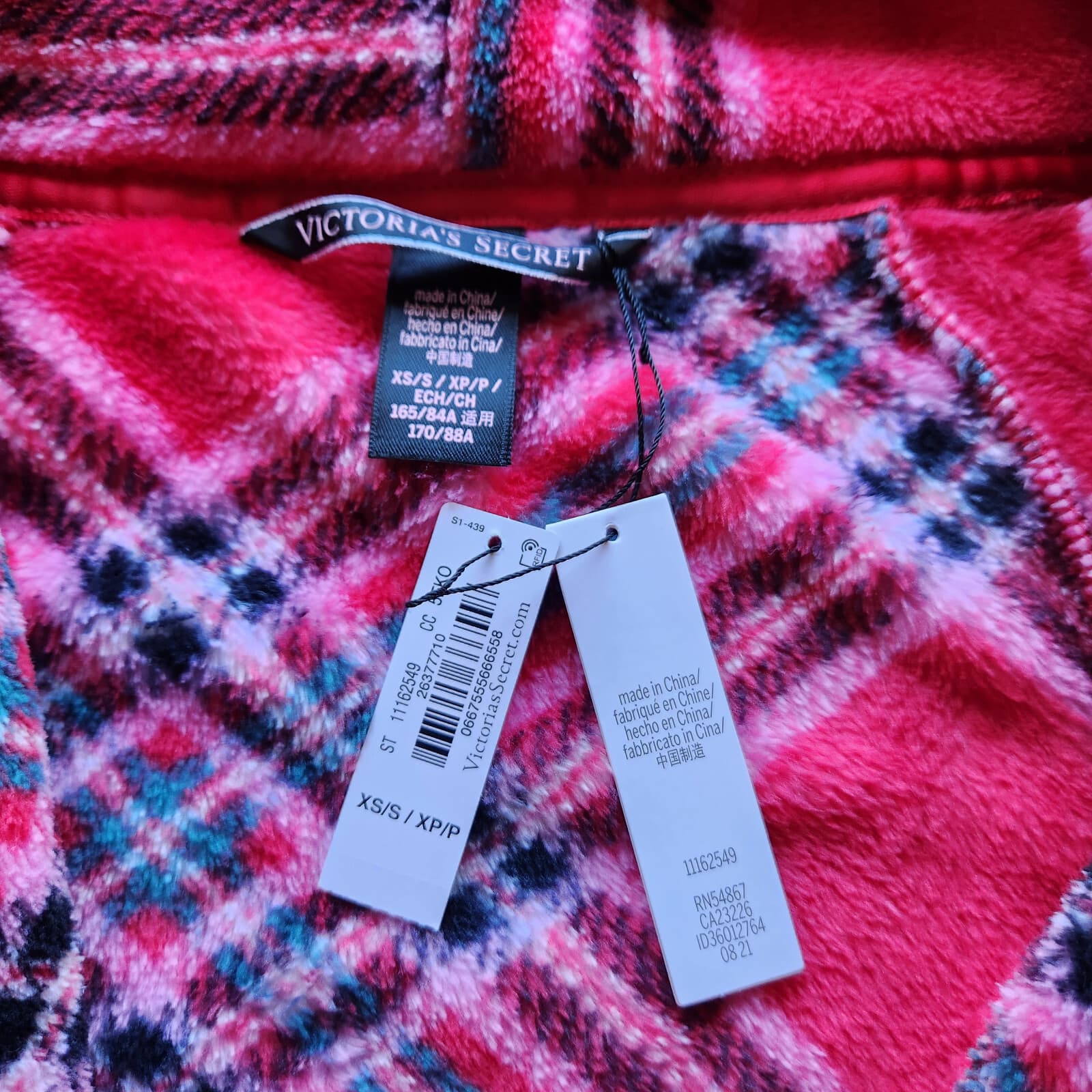 NWT Victoria's Secret Cozy Fleece Plaid Kimono Robe Tie-Waist Red Pink Sz.XS/S - Thumbnail 8