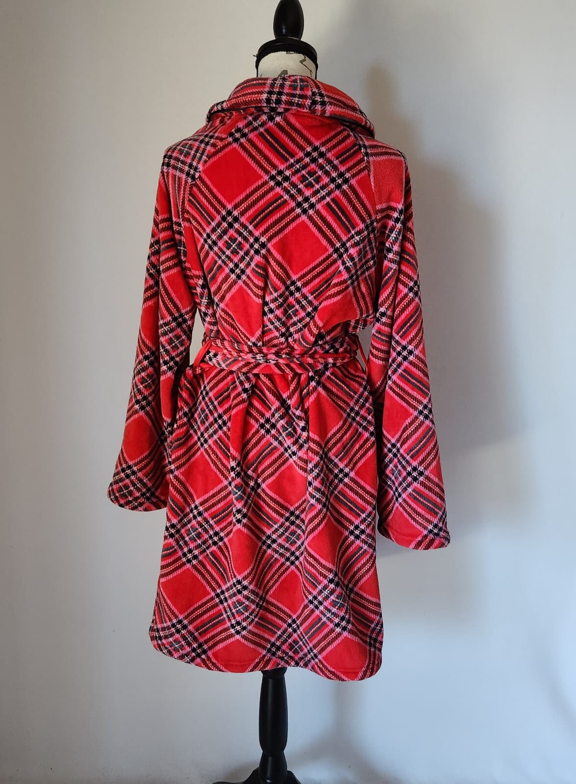 NWT Victoria's Secret Cozy Fleece Plaid Kimono Robe Tie-Waist Red Pink Sz.XS/S - Thumbnail 5