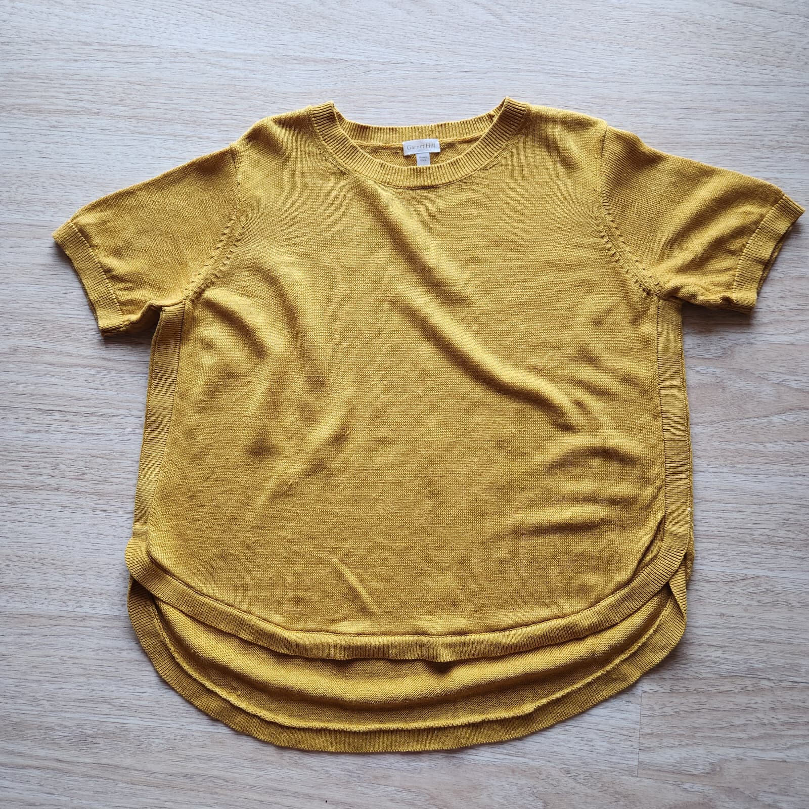 EUC Garnet Hill Haiku Linen Boxy Sweater Shirttail Hem Short Sleeve Yellow Sz.L - Thumbnail 7