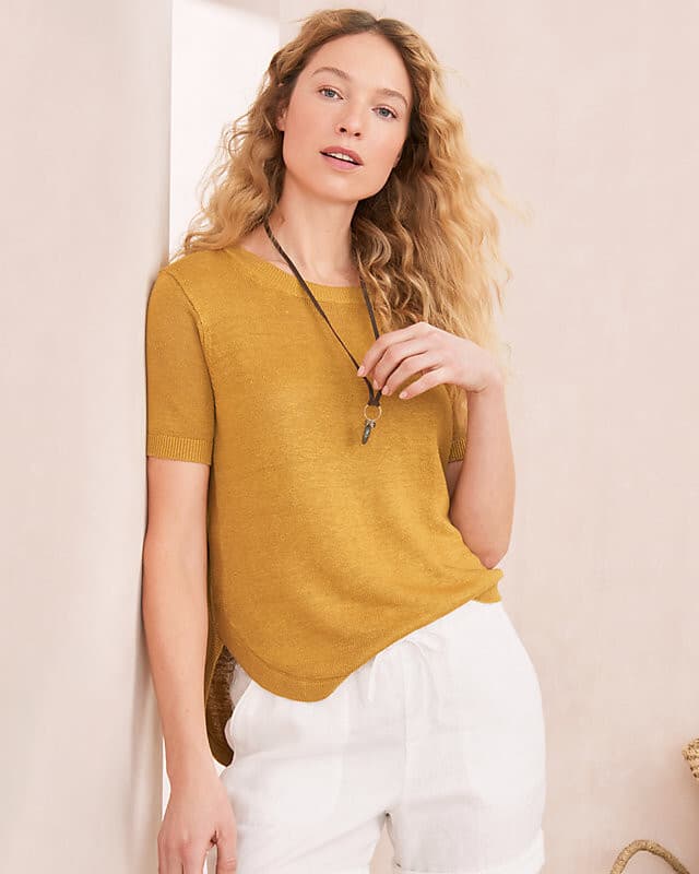 EUC Garnet Hill Haiku Linen Boxy Sweater Shirttail Hem Short Sleeve Yellow Sz.L - Thumbnail 2