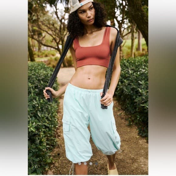 Free People Movement Break It Down Cargo Shorts Elastic Waist Mint Green Women M - Thumbnail 2
