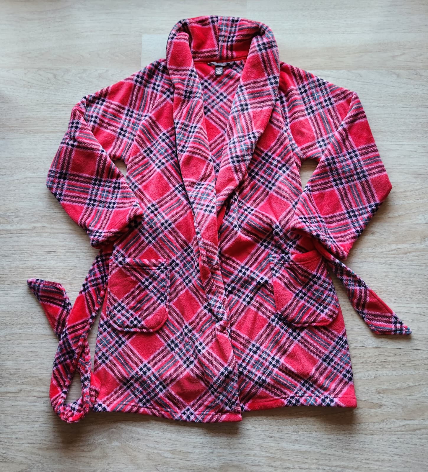 NWT Victoria's Secret Cozy Fleece Plaid Kimono Robe Tie-Waist Red Pink Sz.XS/S - Thumbnail 6