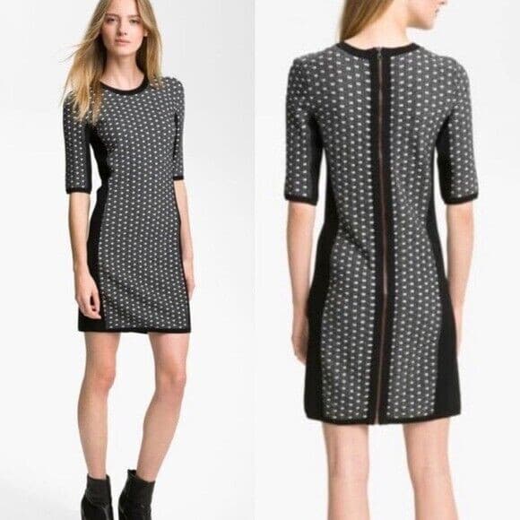 Rag & Bone Datia Combo Knit Sheath Dress Full-Zip Short Sleeve Black White Sz.L - Thumbnail 3