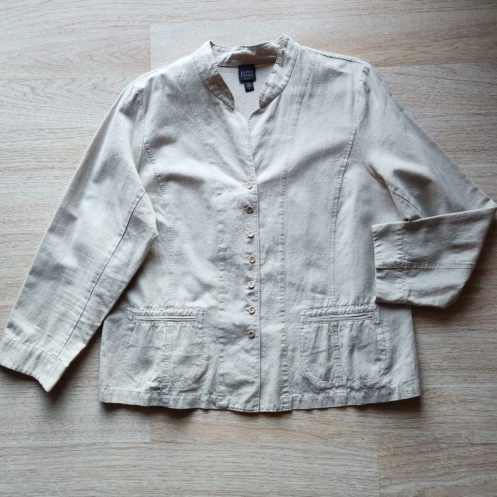 Vintage EILEEN FISHER Mandarin Neck Jacket Button Pocket Cotton Beige Sz.1X - Thumbnail 5