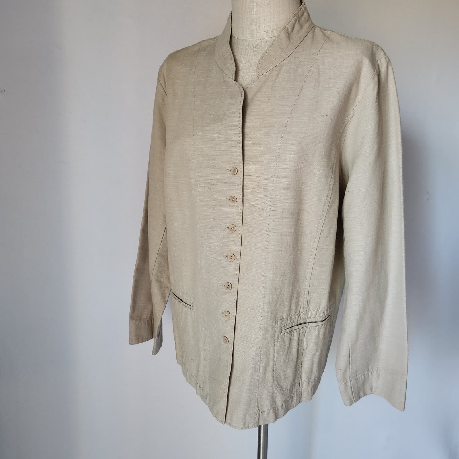 Vintage EILEEN FISHER Mandarin Neck Jacket Button Pocket Cotton Beige Sz.1X - Thumbnail 2
