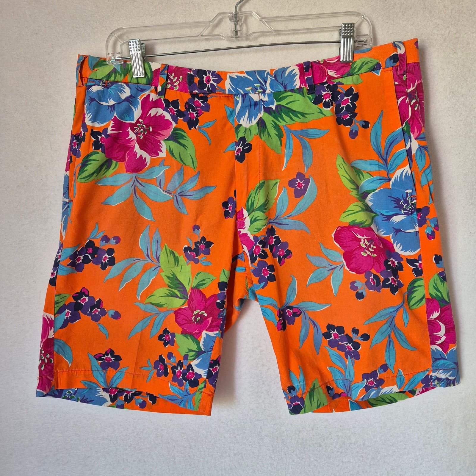 Vintage Polo by Ralph Lauren Floral Cotton 9.5" Shorts Zip Pocket Orange Mens 36 - Thumbnail 2