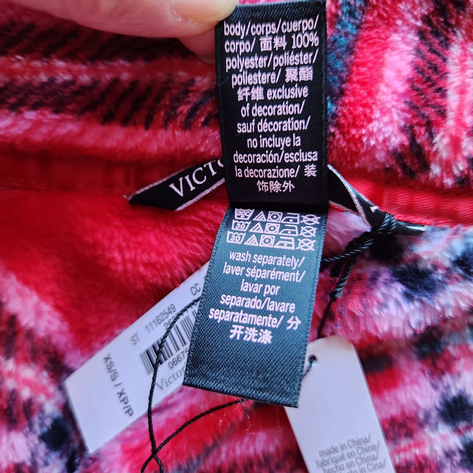 NWT Victoria's Secret Cozy Fleece Plaid Kimono Robe Tie-Waist Red Pink Sz.XS/S - Thumbnail 9