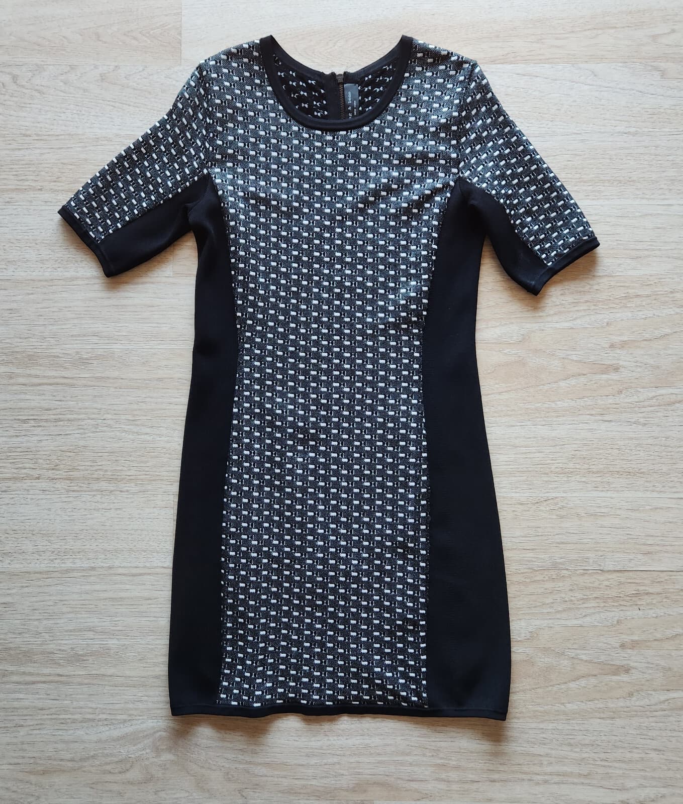 Rag & Bone Datia Combo Knit Sheath Dress Full-Zip Short Sleeve Black White Sz.L - Thumbnail 6