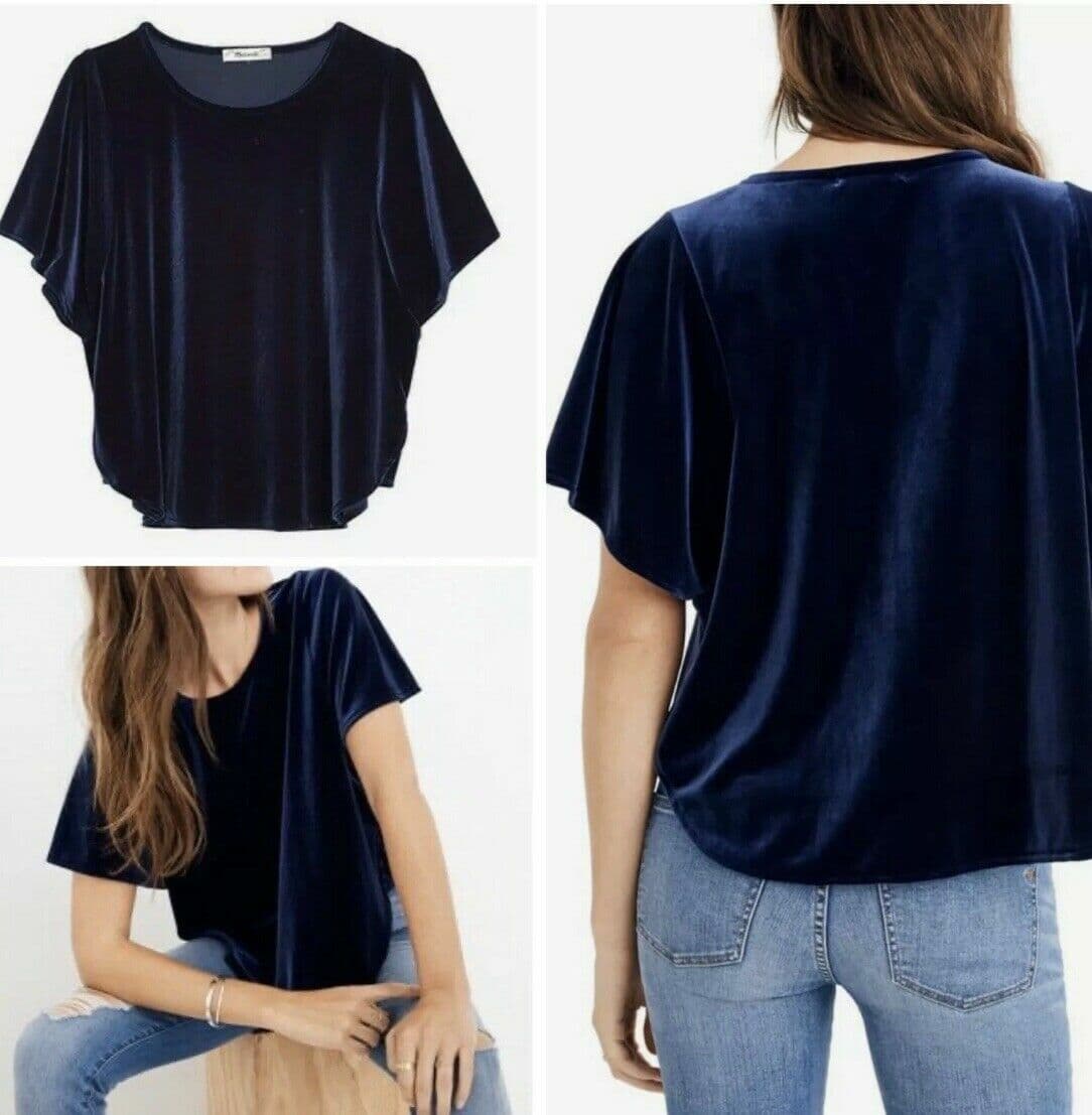 Madewell Blue Velvet Butterfly Knit Top Blouse Short Sleeves Women Oversize XXS
