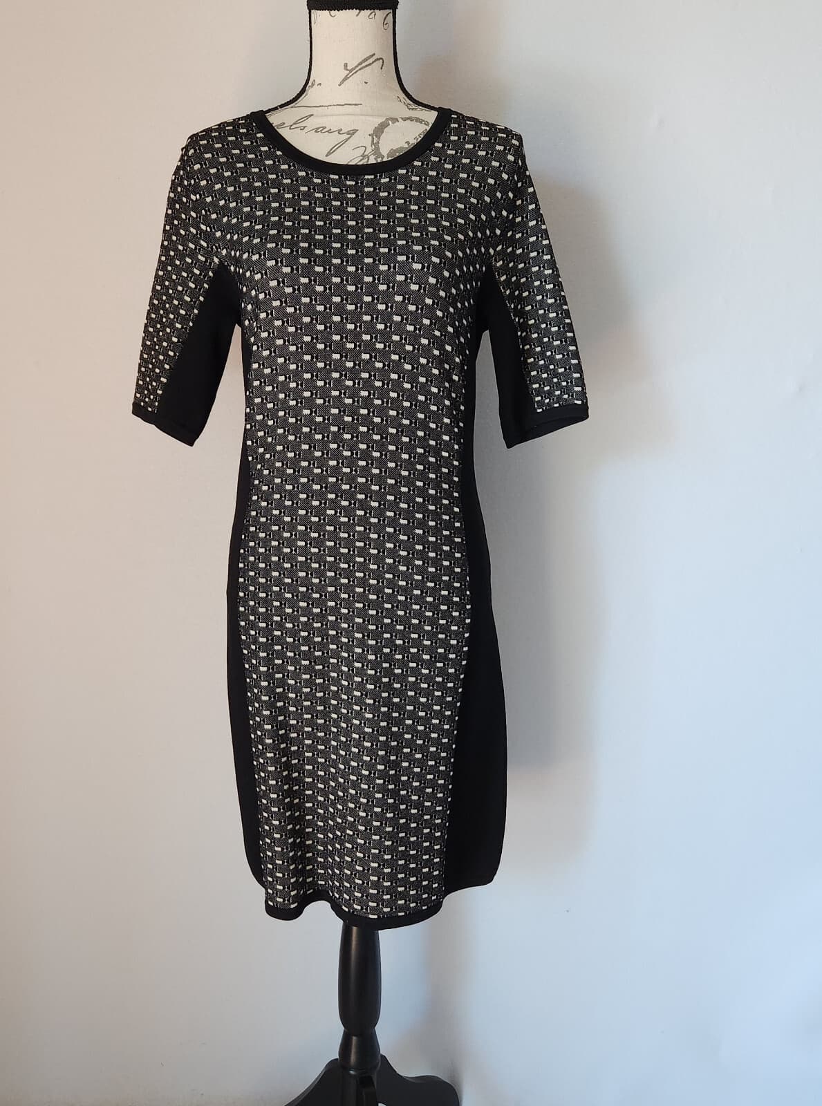 Rag & Bone Datia Combo Knit Sheath Dress Full-Zip Short Sleeve Black White Sz.L - Thumbnail 4