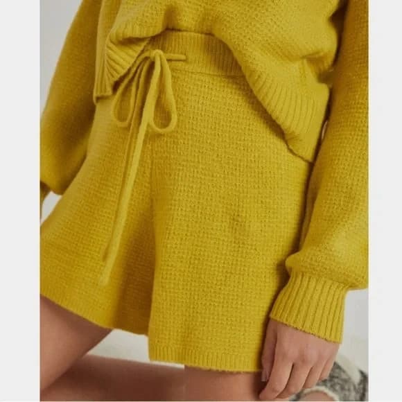 Anthropologie Saturday Sunday Brenna Cozy Lounge Waffle Knit Shorts Yellow Sz.XL - Thumbnail 2