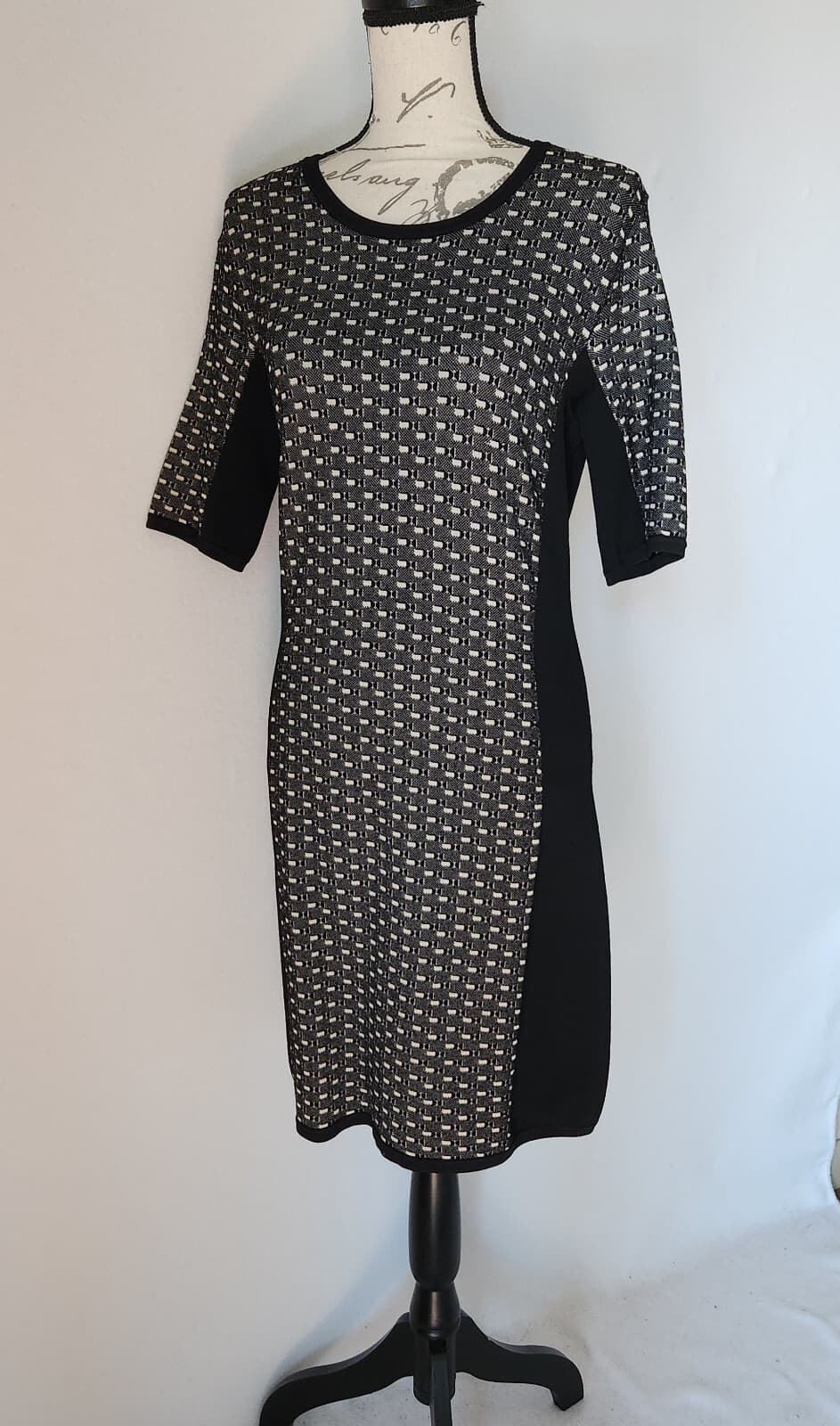 Rag & Bone Datia Combo Knit Sheath Dress Full-Zip Short Sleeve Black White Sz.L - Thumbnail 2