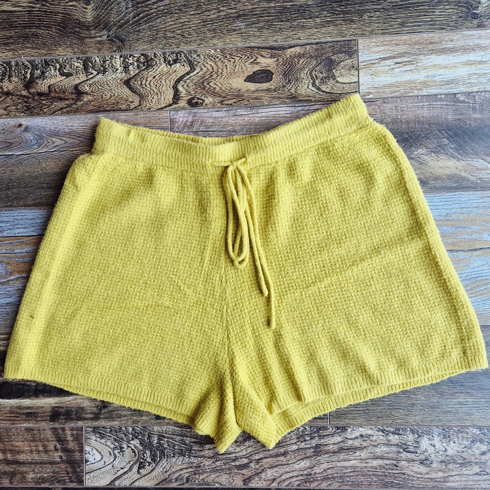 Anthropologie Saturday Sunday Brenna Cozy Lounge Waffle Knit Shorts Yellow Sz.XL - Thumbnail 3