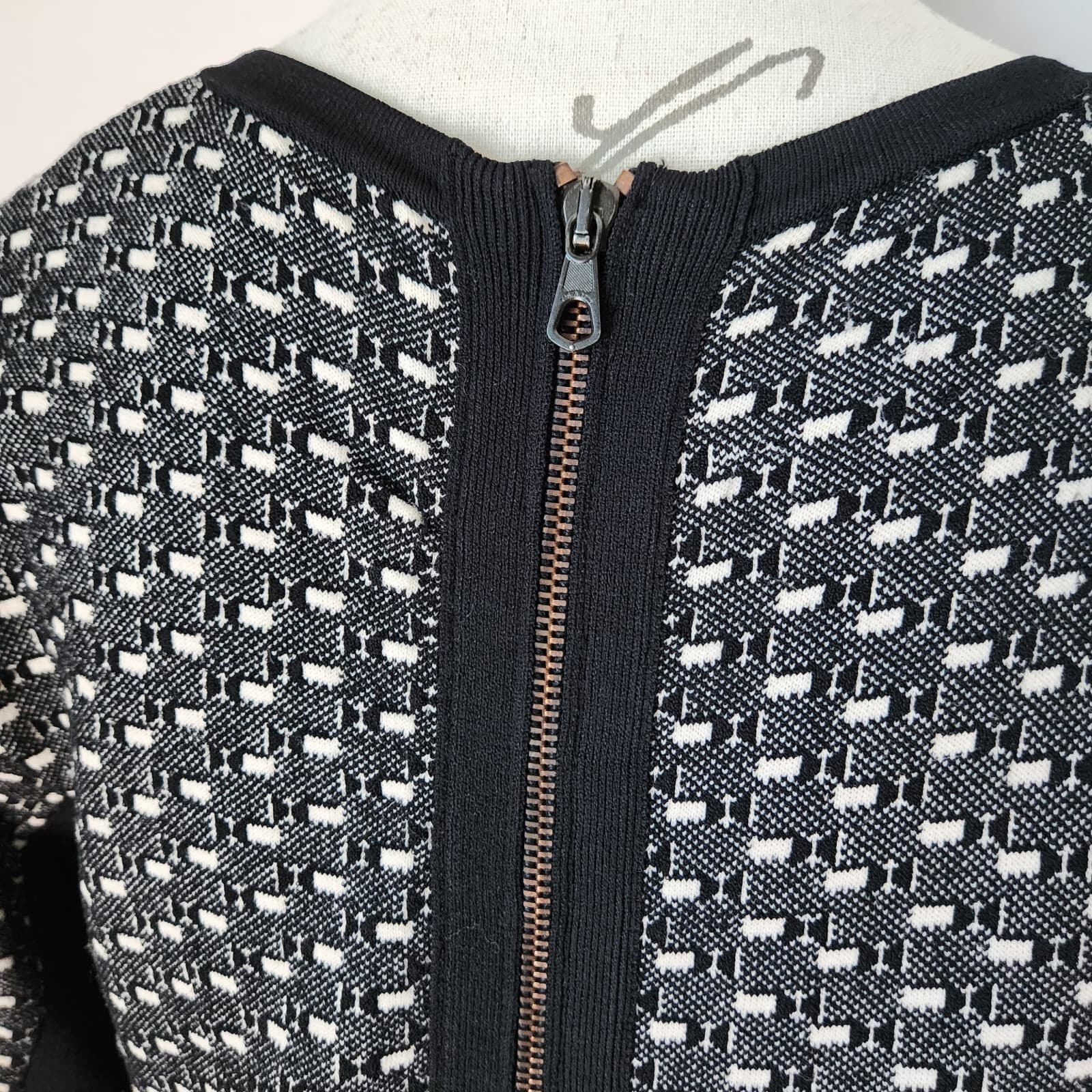Rag & Bone Datia Combo Knit Sheath Dress Full-Zip Short Sleeve Black White Sz.L - Thumbnail 10