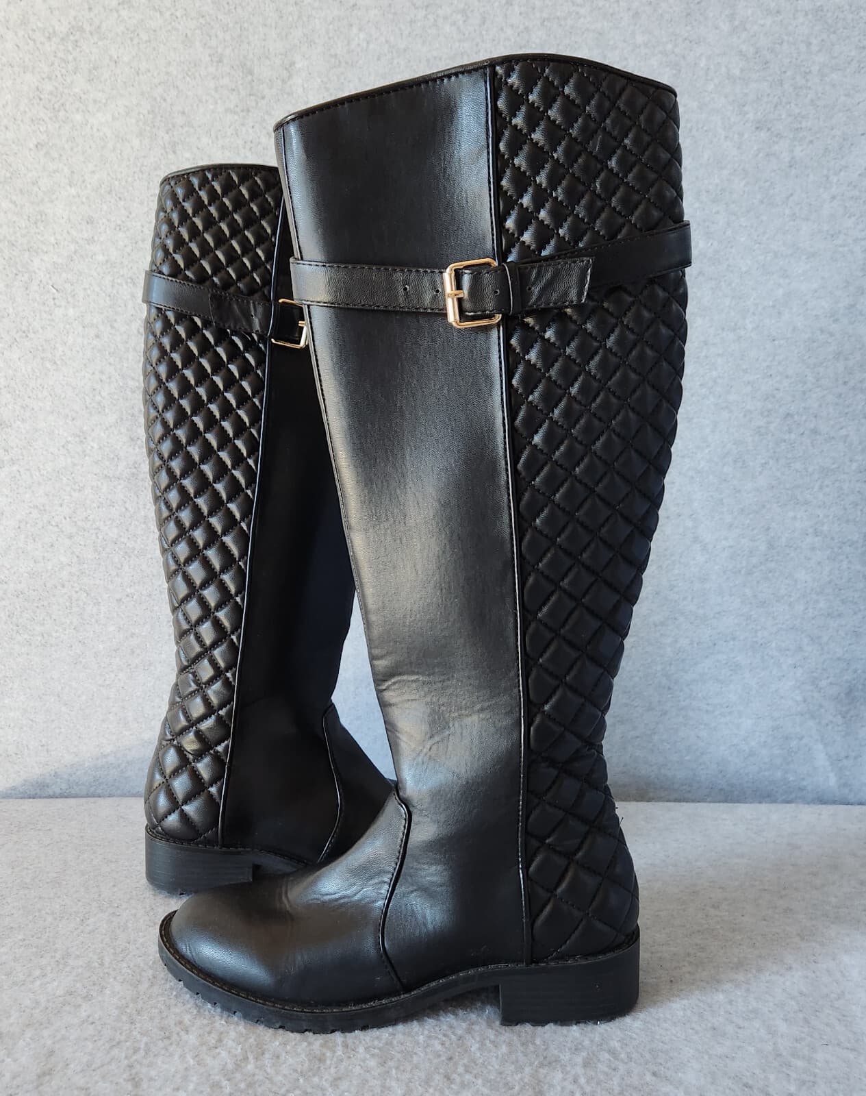 Zara Trafaluc Quilted Knee High Riding Moto Boot Buckle Side-Zip Black Women 38 - Thumbnail 3