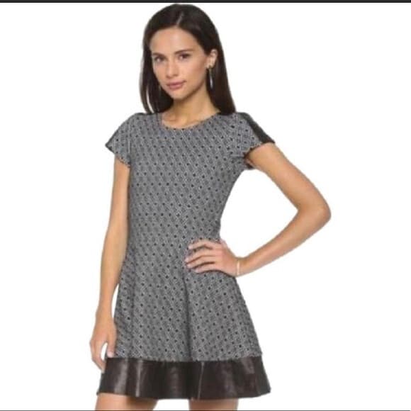 Parker $396 Jacquard Lambskin Leather Trim Skater Dress Geometric Black Sz.L - Thumbnail 3