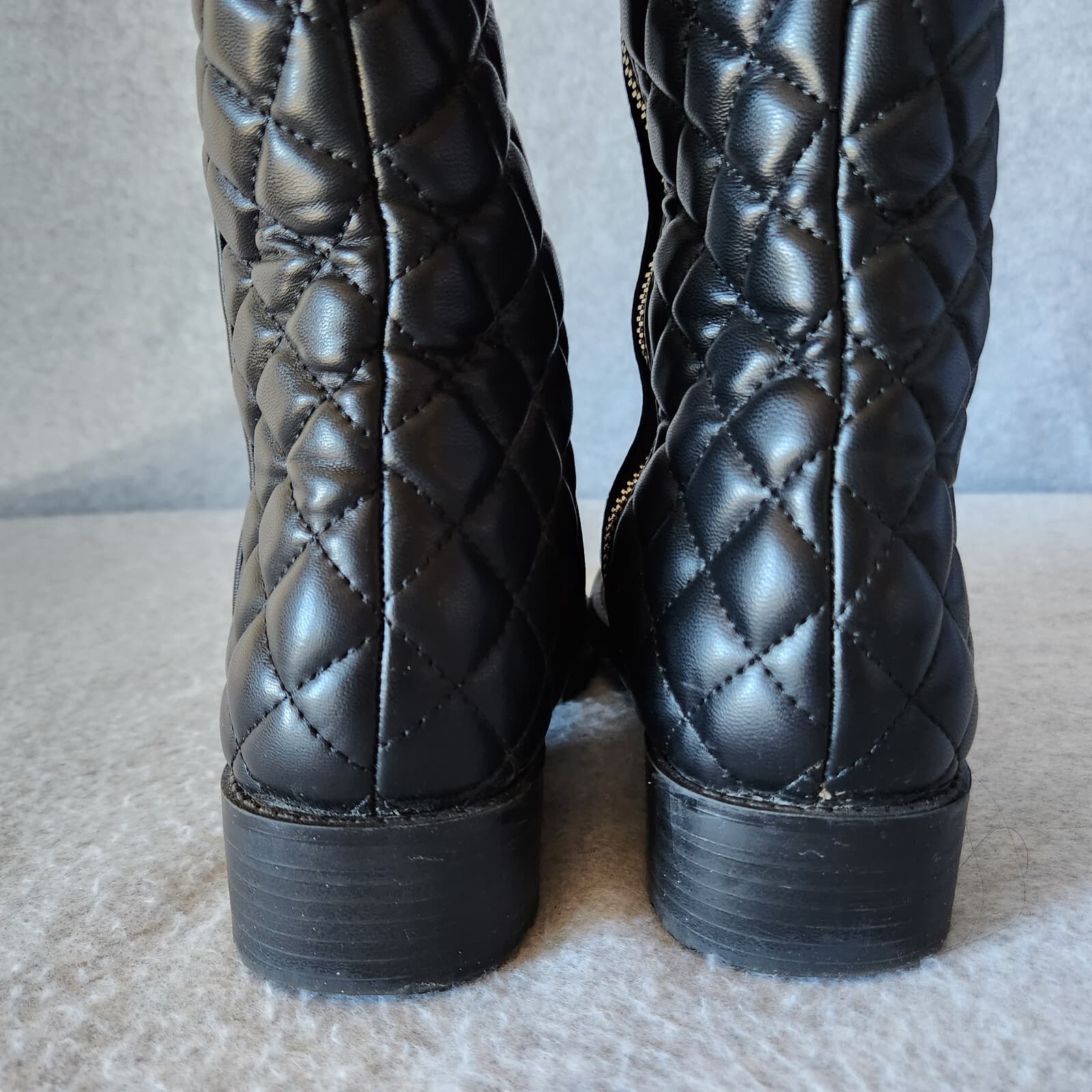 Zara Trafaluc Quilted Knee High Riding Moto Boot Buckle Side-Zip Black Women 38 - Thumbnail 6