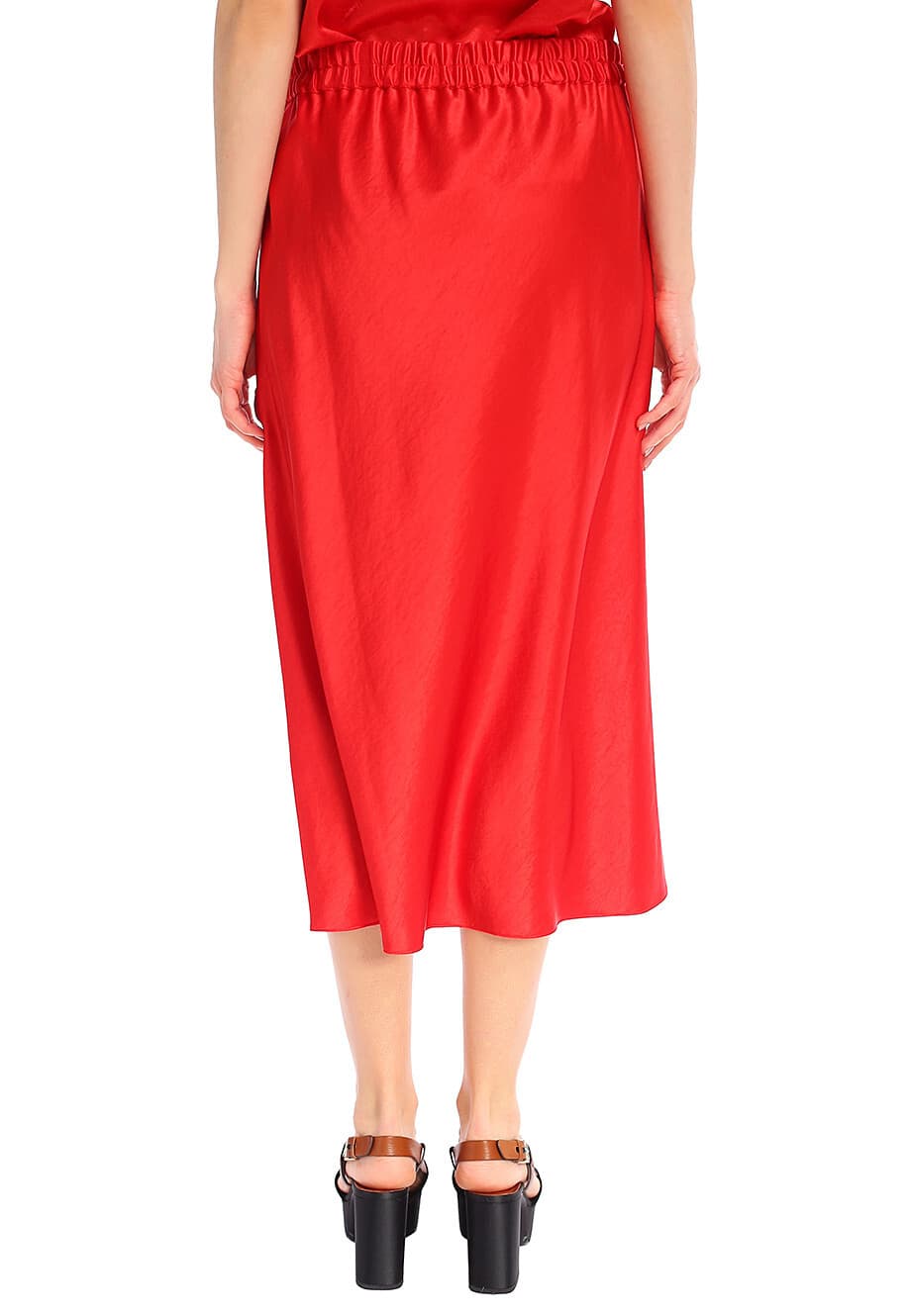 Theory Easy Pull-On Double Sateen Midi A-Line Skirt Elastic Waist Satin Red Sz.P - Thumbnail 5