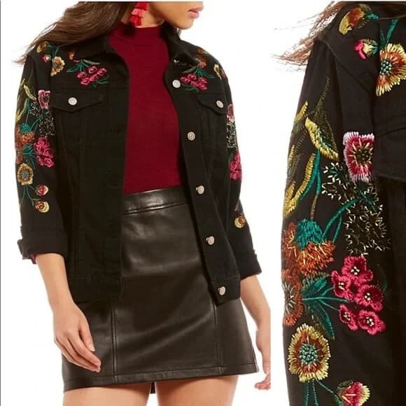 GIANNI BINI Floral Embroidered Jean Jacket Button Pocket Stretch Black Women's M - Thumbnail 2