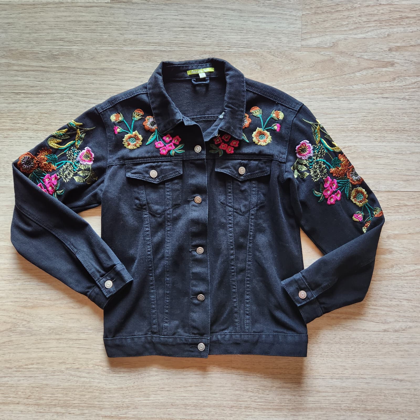 GIANNI BINI Floral Embroidered Jean Jacket Button Pocket Stretch Black Women's M - Thumbnail 4