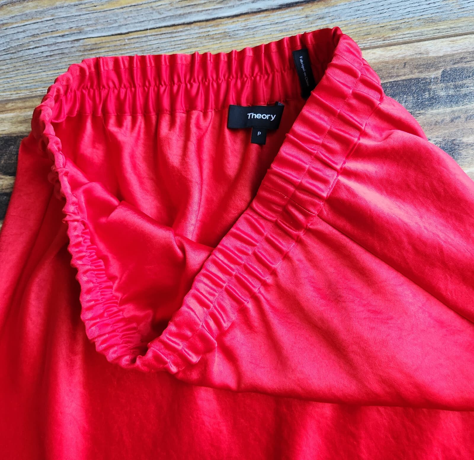 Theory Easy Pull-On Double Sateen Midi A-Line Skirt Elastic Waist Satin Red Sz.P - Thumbnail 8