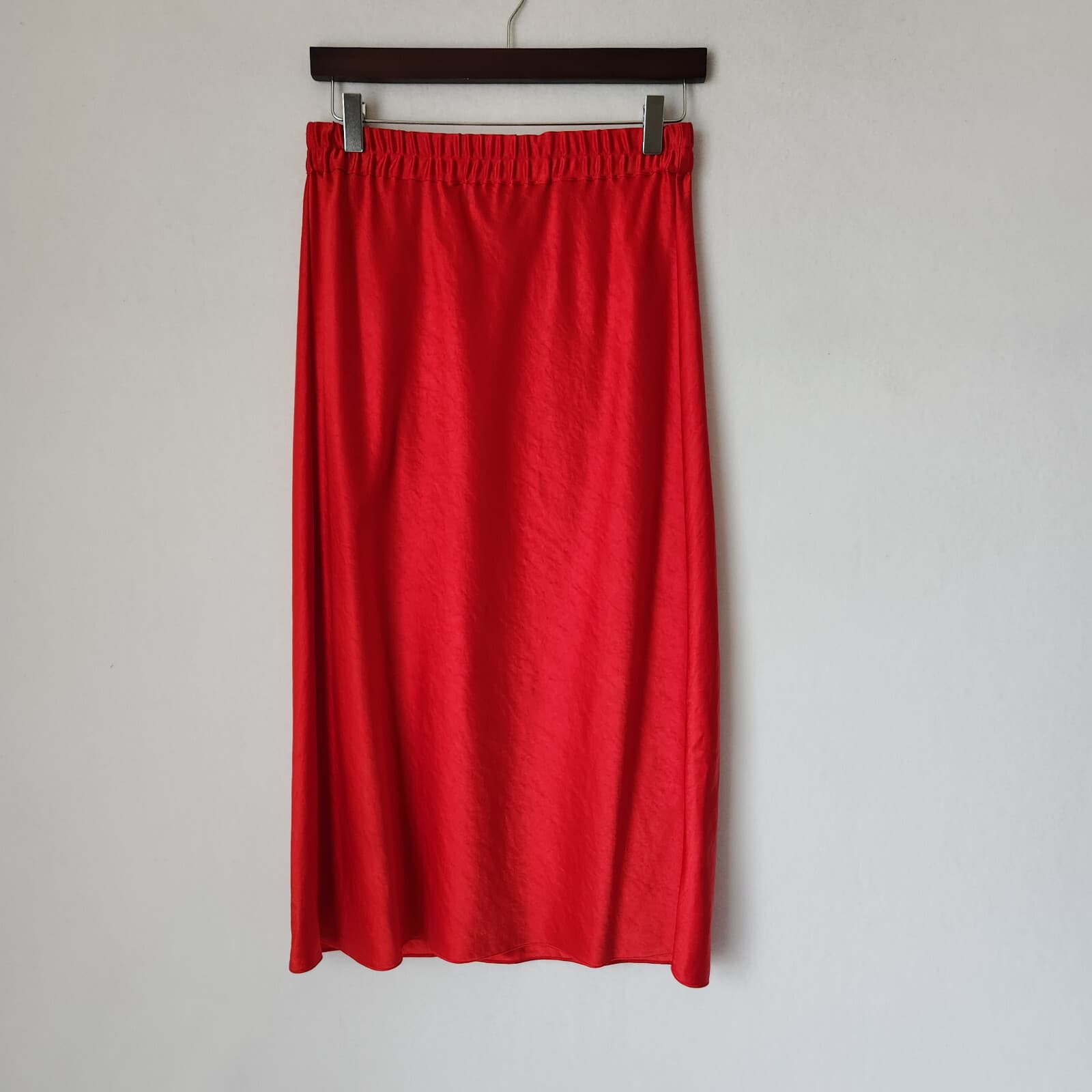 Theory Easy Pull-On Double Sateen Midi A-Line Skirt Elastic Waist Satin Red Sz.P - Thumbnail 6