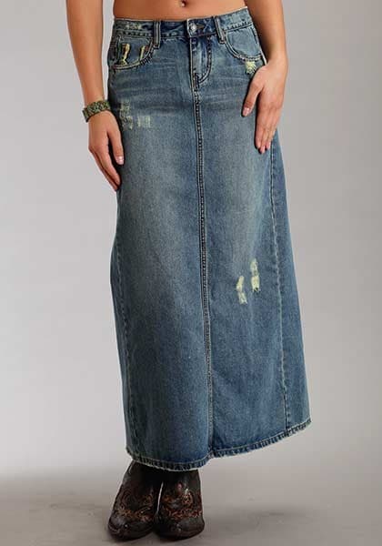 Stetson Denim Country Maxi A-Line Skirt Zip Pocket Distressed Cotton Blue Size 8 - Thumbnail 2