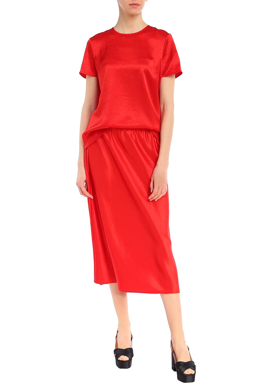 Theory Easy Pull-On Double Sateen Midi A-Line Skirt Elastic Waist Satin Red Sz.P - Thumbnail 3